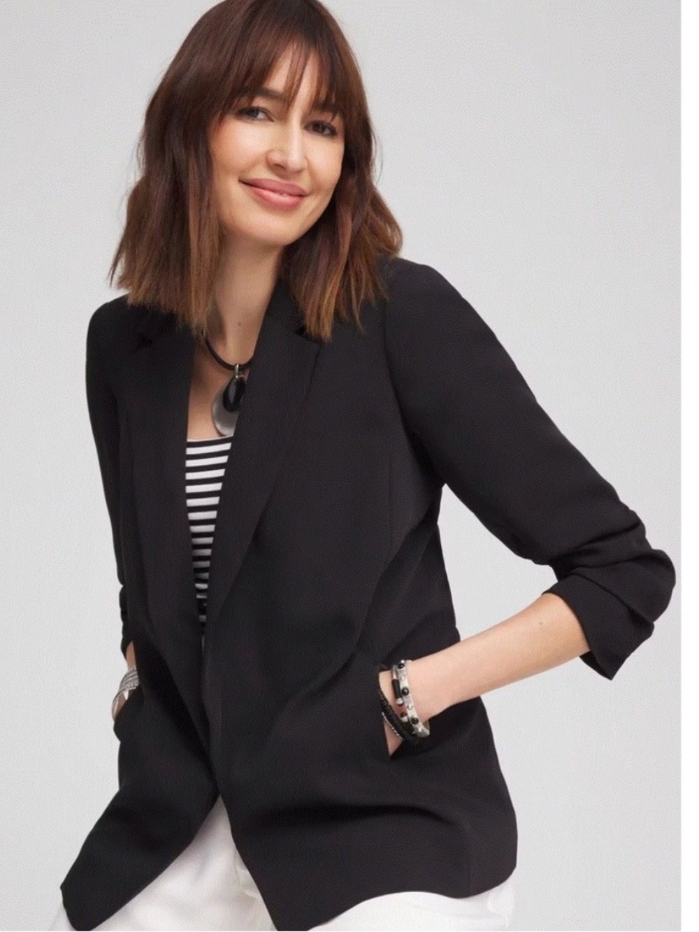 Chico’s Notched Lapel Ruched Sleeve Blazer Women’s Size 12 Open Front Pockets